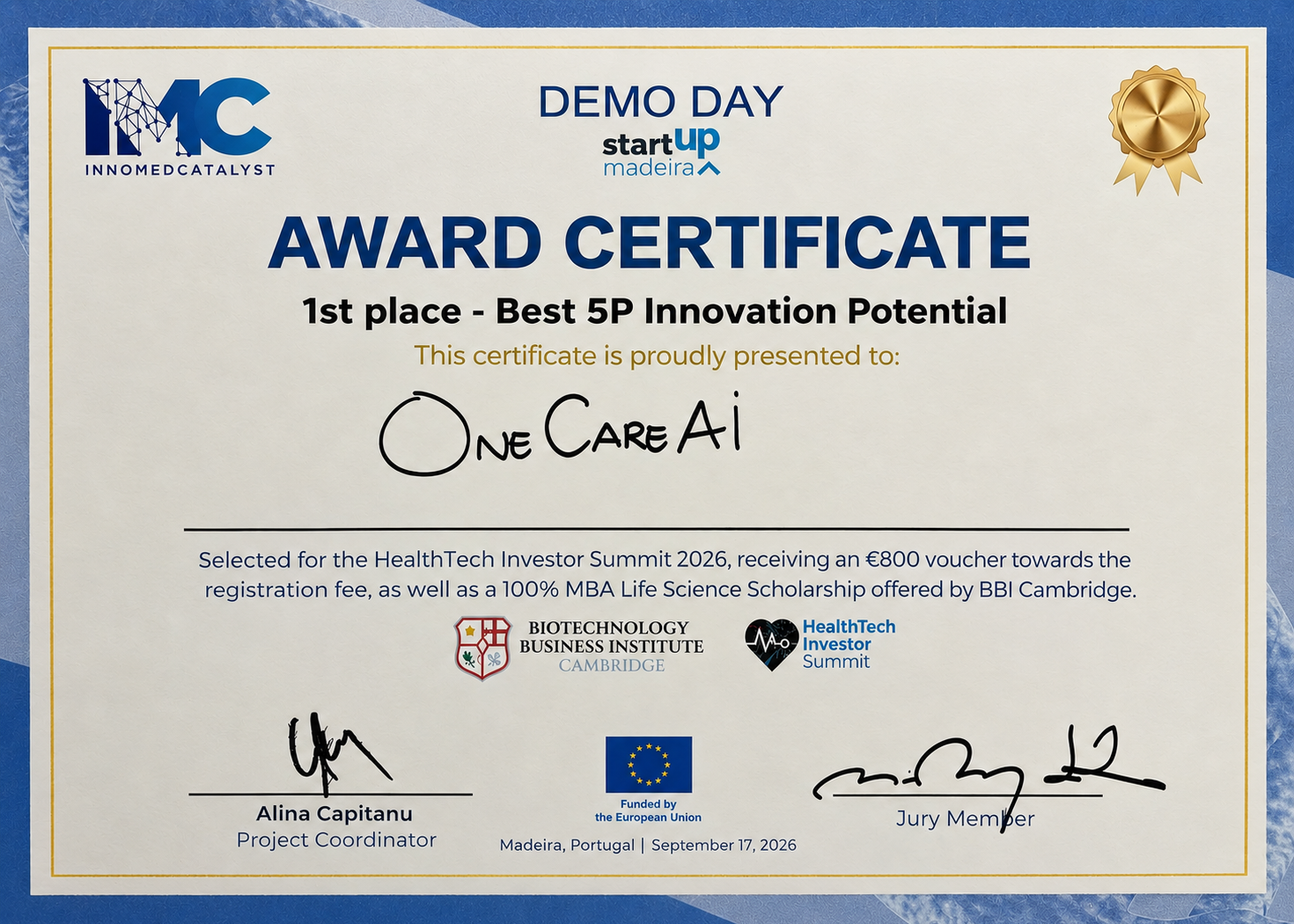 OneCareAI, First at DemoDay StartUp Madeira 2026